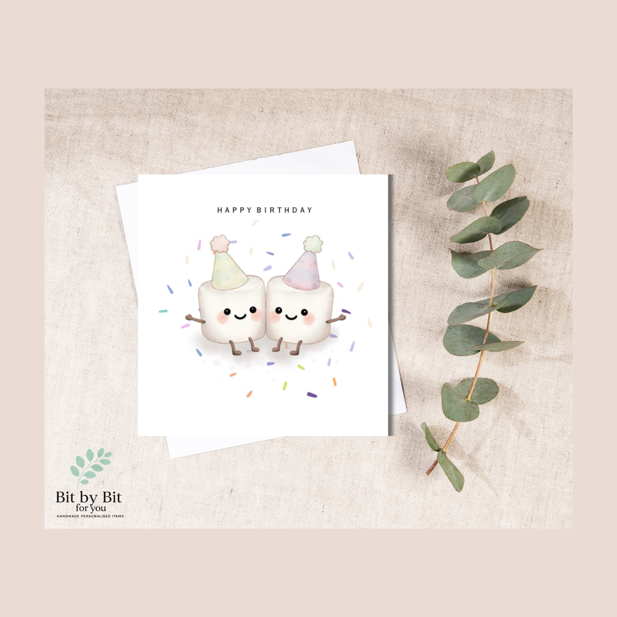 🎉 Happy Birthday Marshmallows – 6×6 Linen Greeting Card