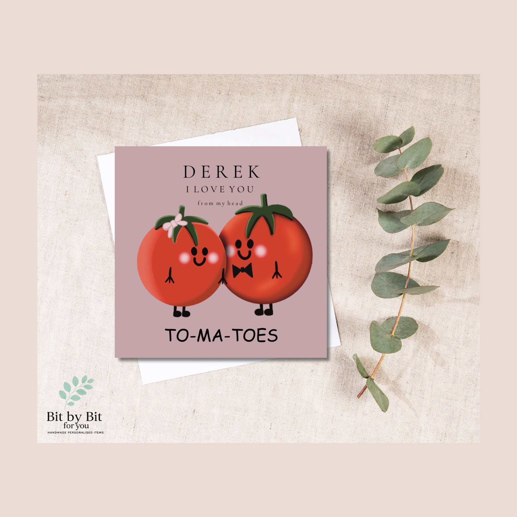“I Love You From My Head To-Ma-Toes” Cute Tomato Couple linen 6x6 card