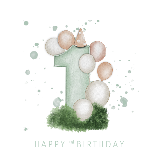 Watercolour 1st Birthday Card - Balloons, and a tiny party hat