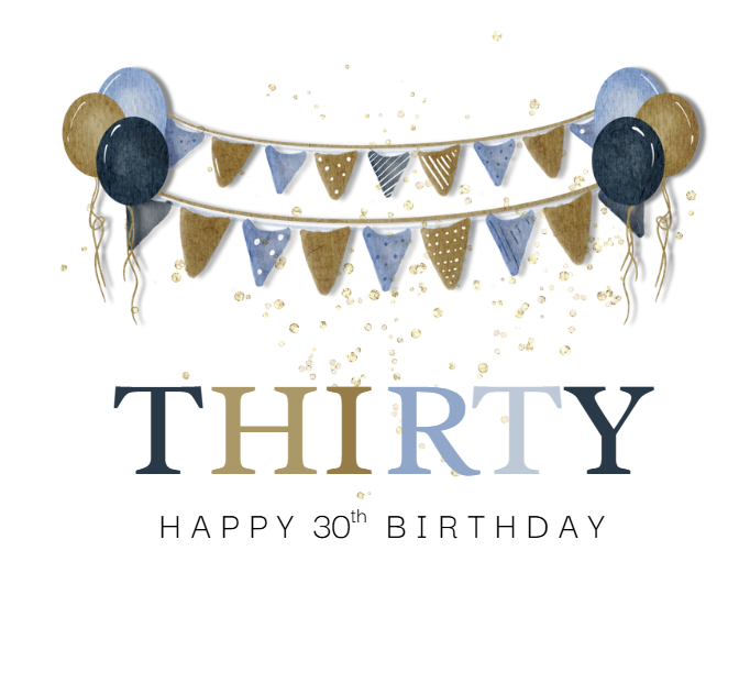 Elegant 30th Birthday Card - Navy & Bronze Bunting Design