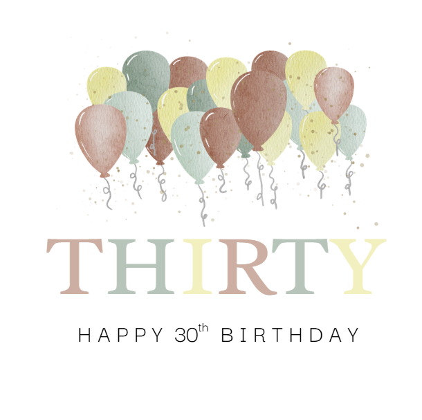 Colourful Balloon 30th Birthday Card – Soft Pastel Celebration Design