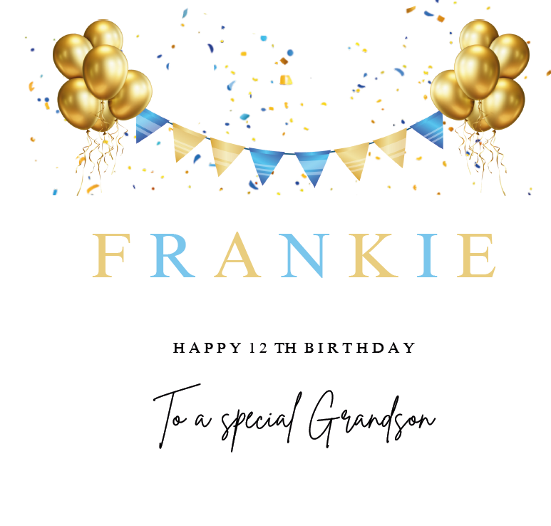 Personalised 12th Birthday Card for Grandson – Blue & Gold Celebration Design